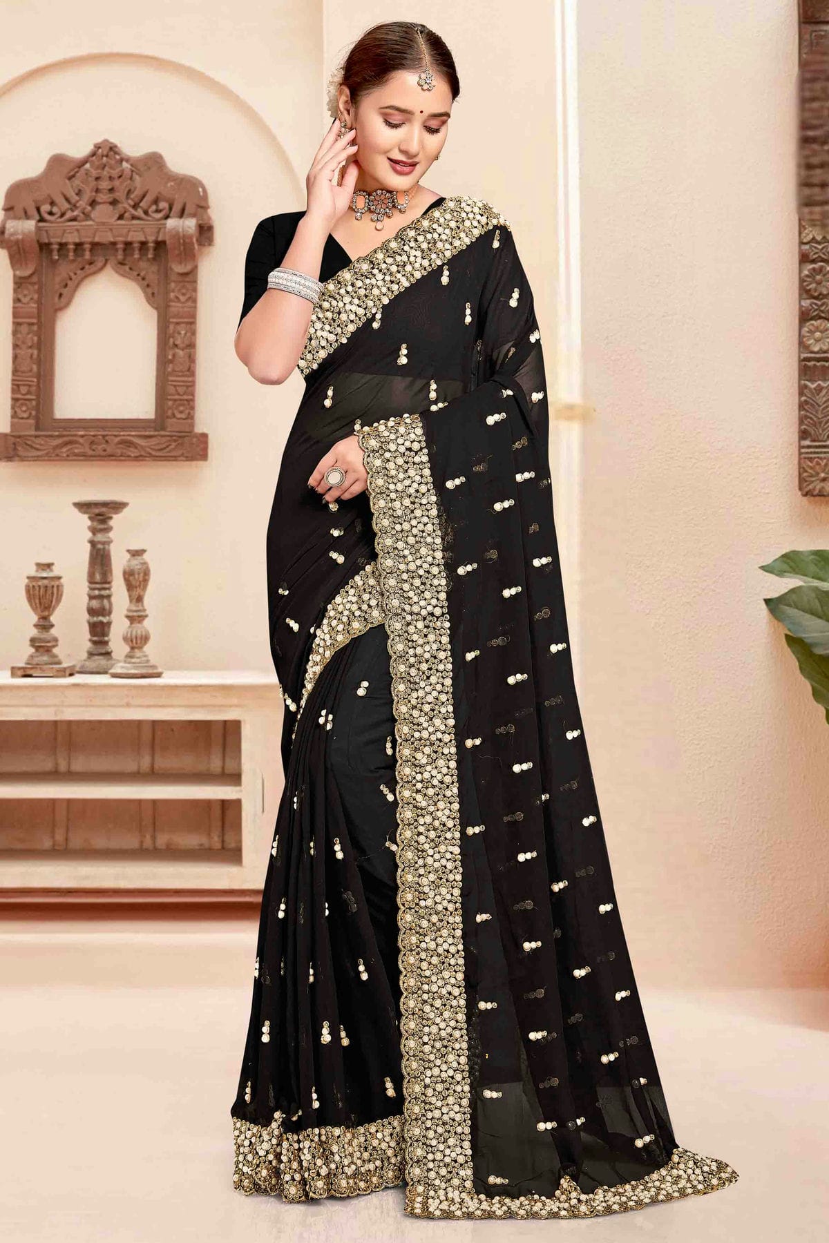 Black Colour Georgette Embroidery Work Designer Saree VSSD1091242