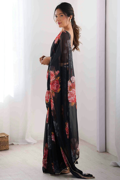 Black Colour Georgette Hand Printed Saree VSSD1113564
