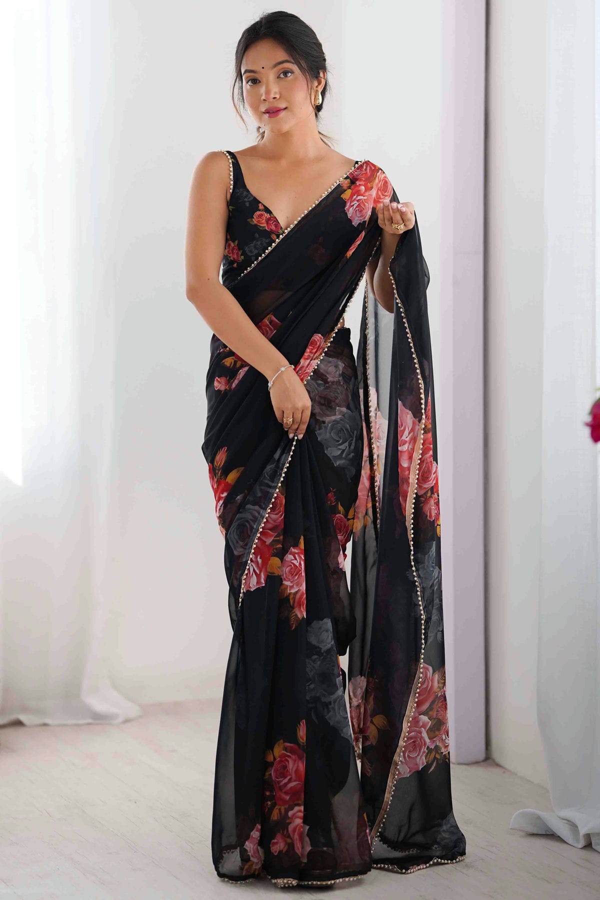 Black Colour Georgette Hand Printed Saree VSSD1113564