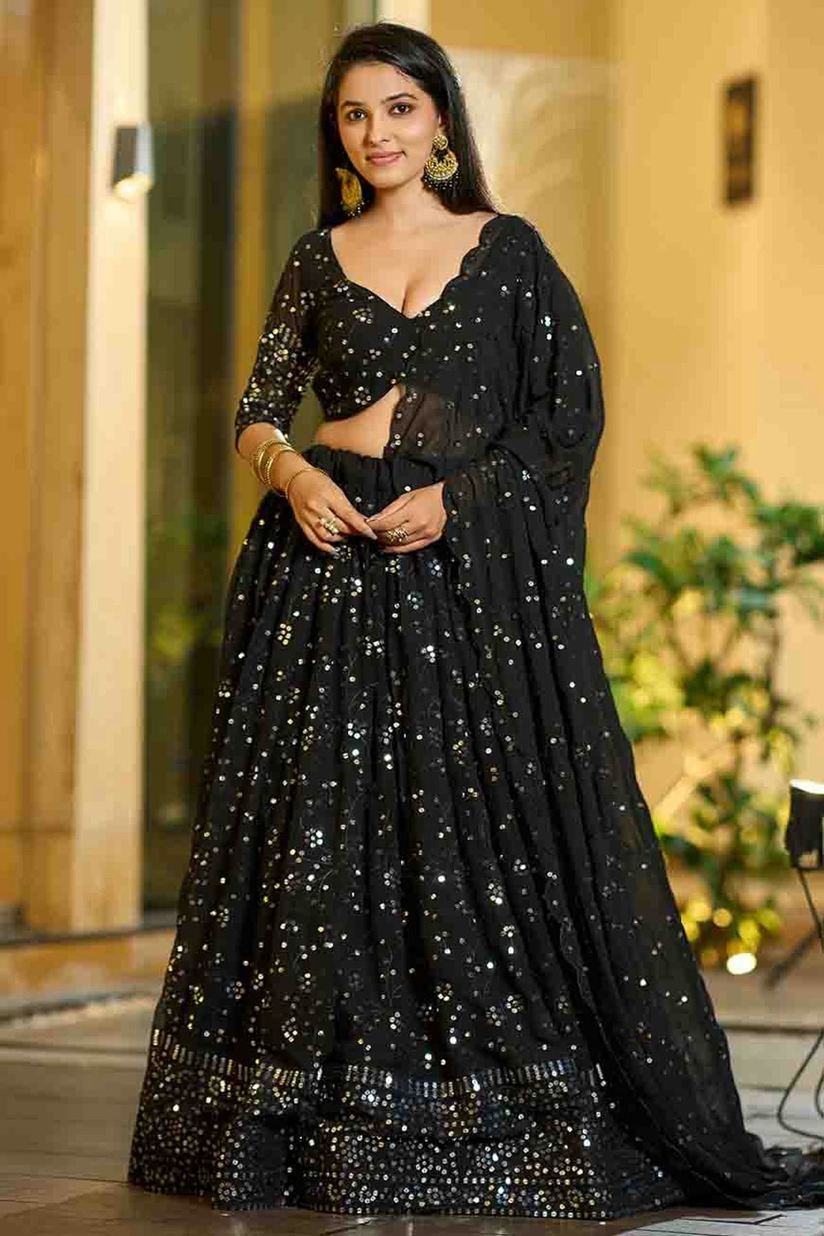 Black Colour Georgette Semi Stitched Lehenga Choli VSLC1170087