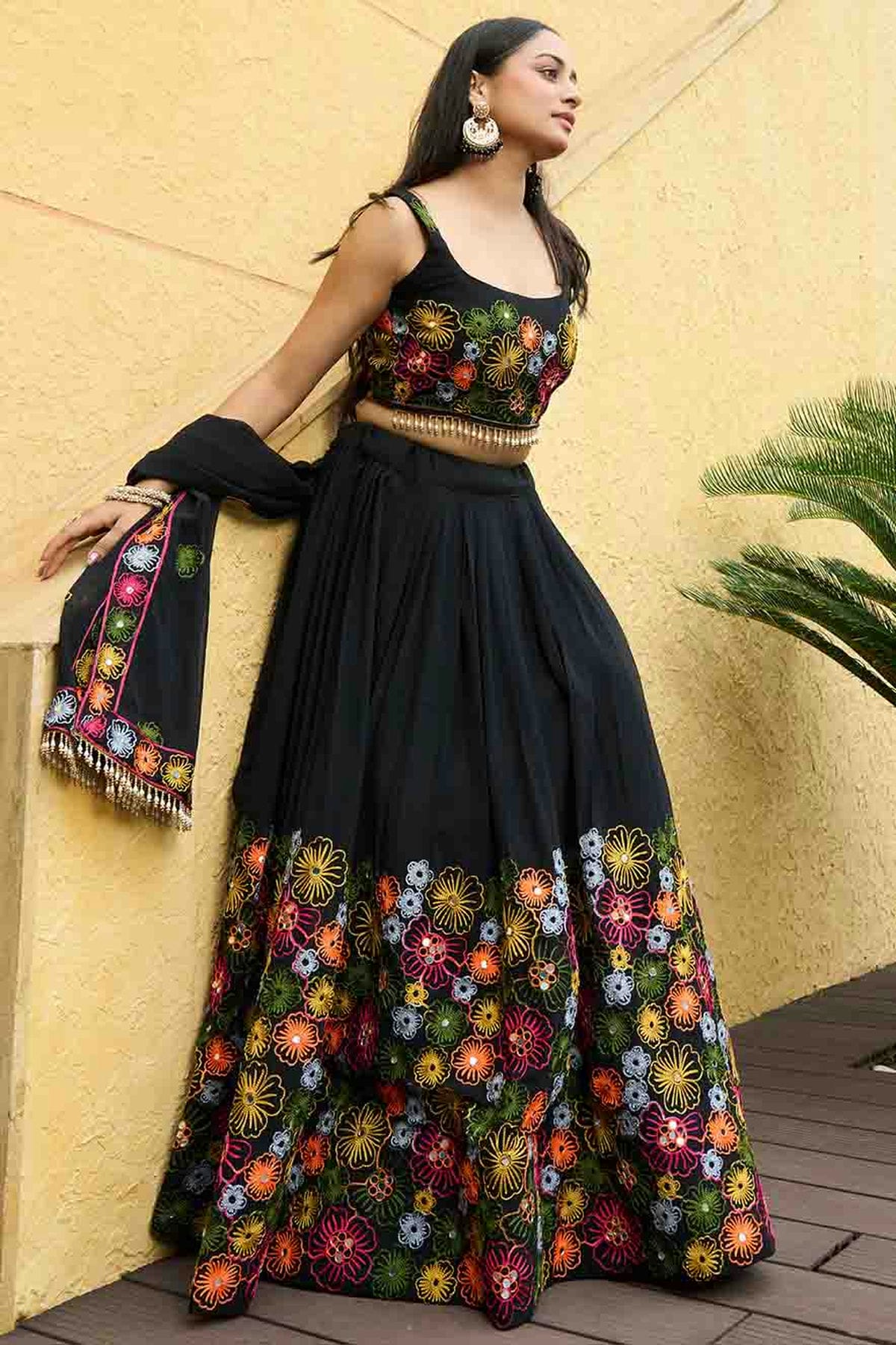 Black Colour Georgette Semi Stitched Lehenga Choli VSLC1170089