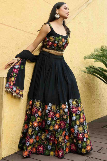 Black Colour Georgette Semi Stitched Lehenga Choli VSLC1170089