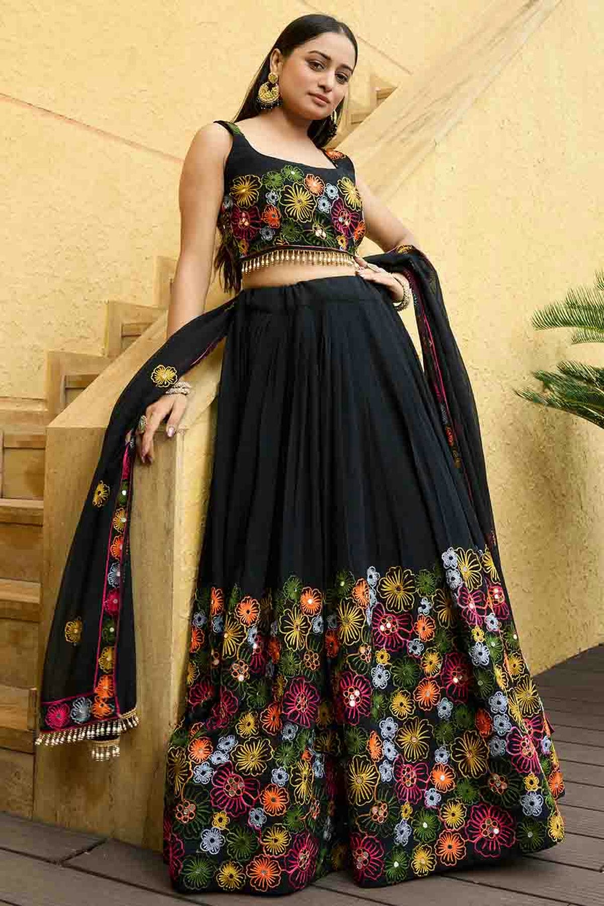 Black Colour Georgette Semi Stitched Lehenga Choli VSLC1170089