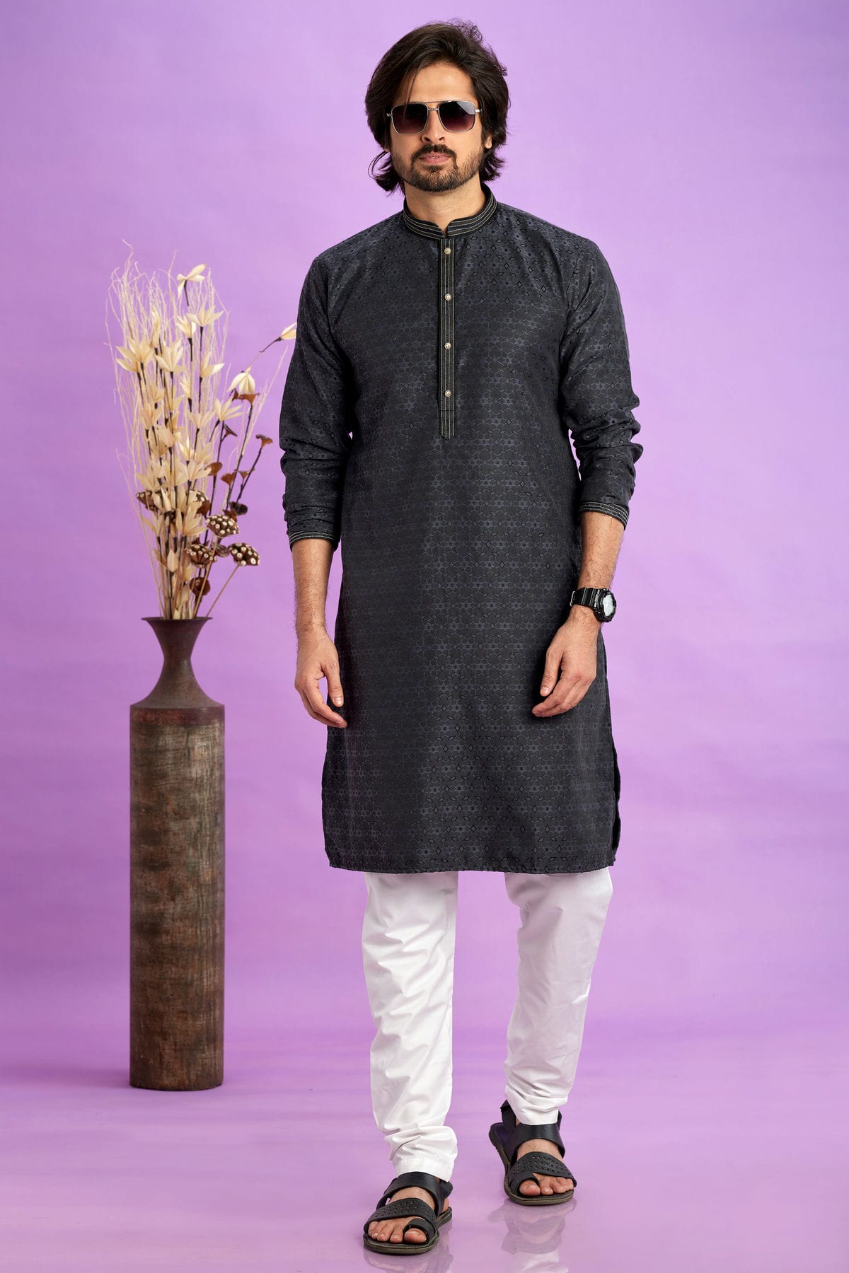 Black Colour Jacquard Art Silk Pintex Work Kurta Pajama VSKP1230205