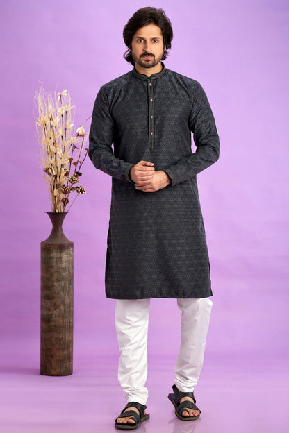 Black Colour Jacquard Art Silk Pintex Work Kurta Pajama