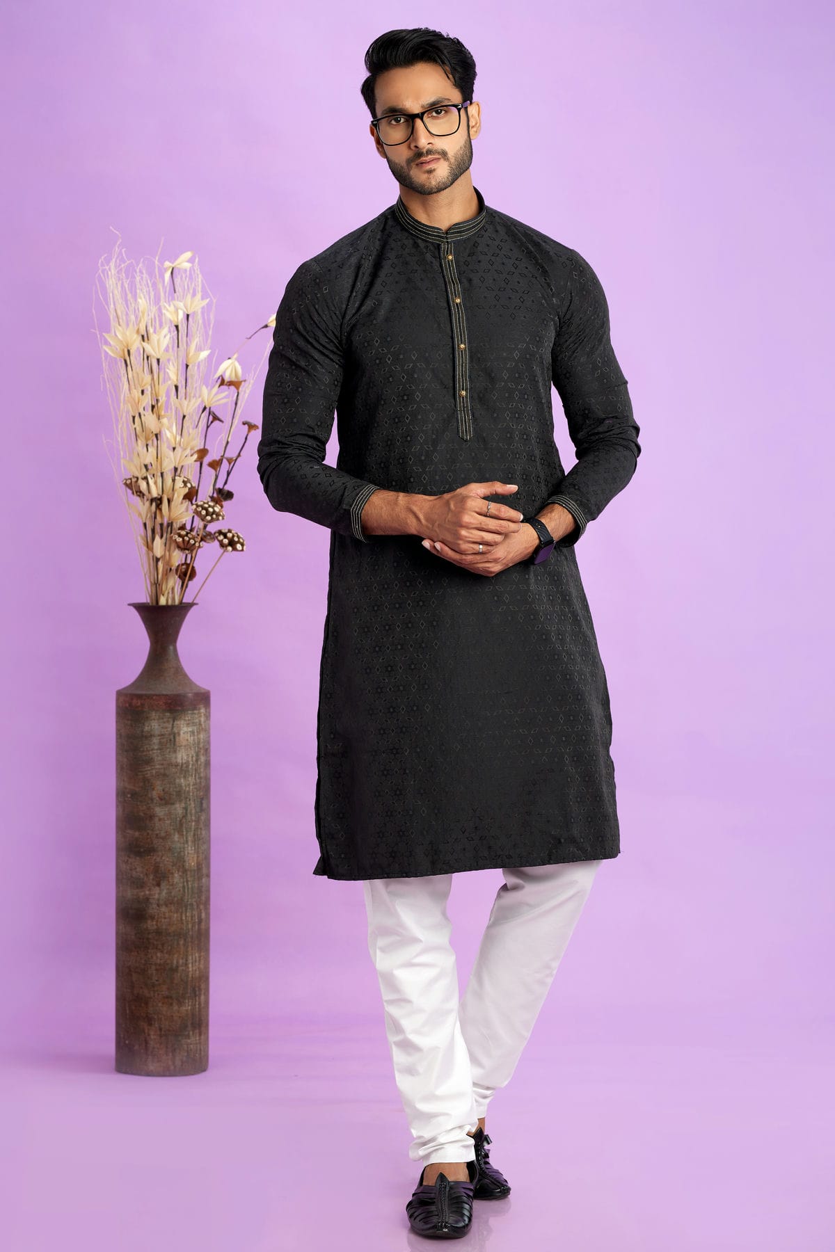 Black Colour Jacquard Art Silk Pintex Work Kurta Pajama VSKP1230208