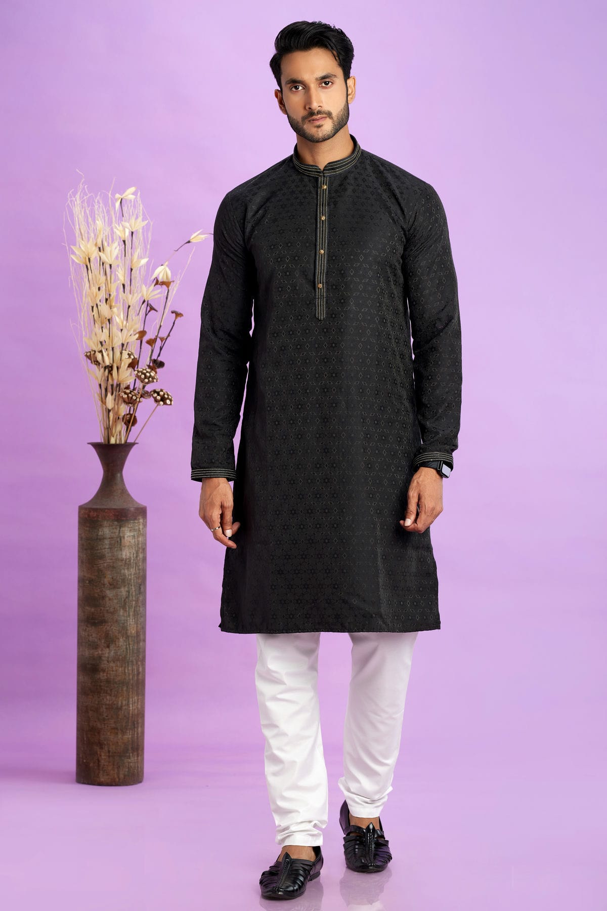 Black Colour Jacquard Art Silk Pintex Work Kurta Pajama