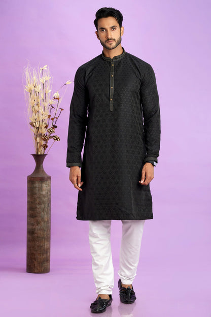 Black Colour Jacquard Art Silk Pintex Work Kurta Pajama