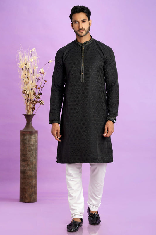 Black Colour Jacquard Art Silk Pintex Work Kurta Pajama