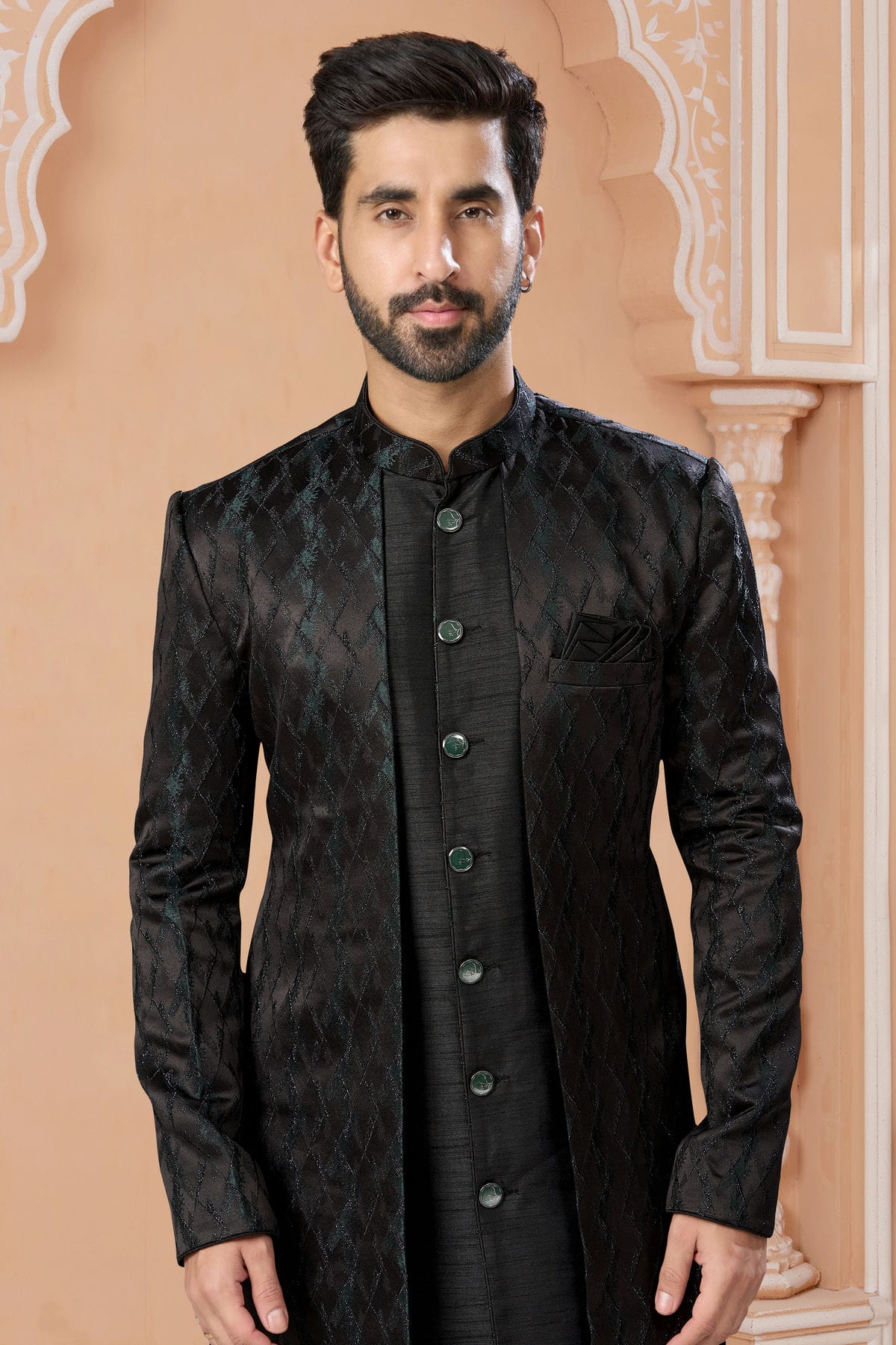 Black Colour Jacquard Sherwani VSSH1040553