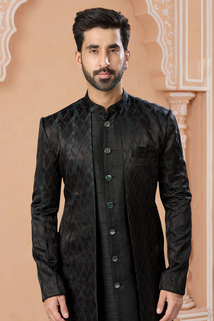 Black Colour Jacquard Sherwani VSSH1040553
