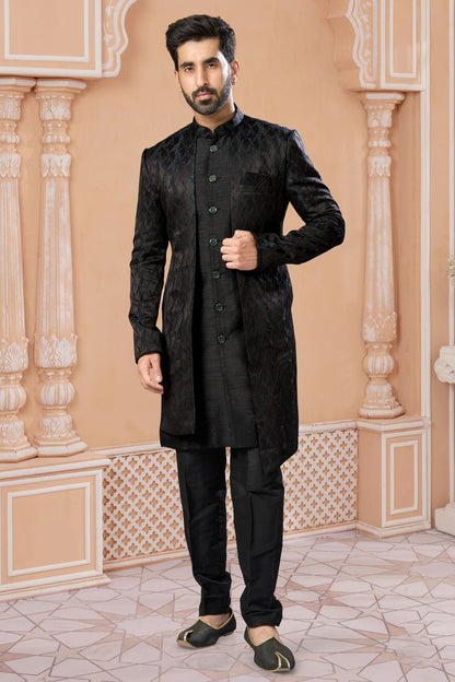 Black Colour Jacquard Sherwani VSSH1040553