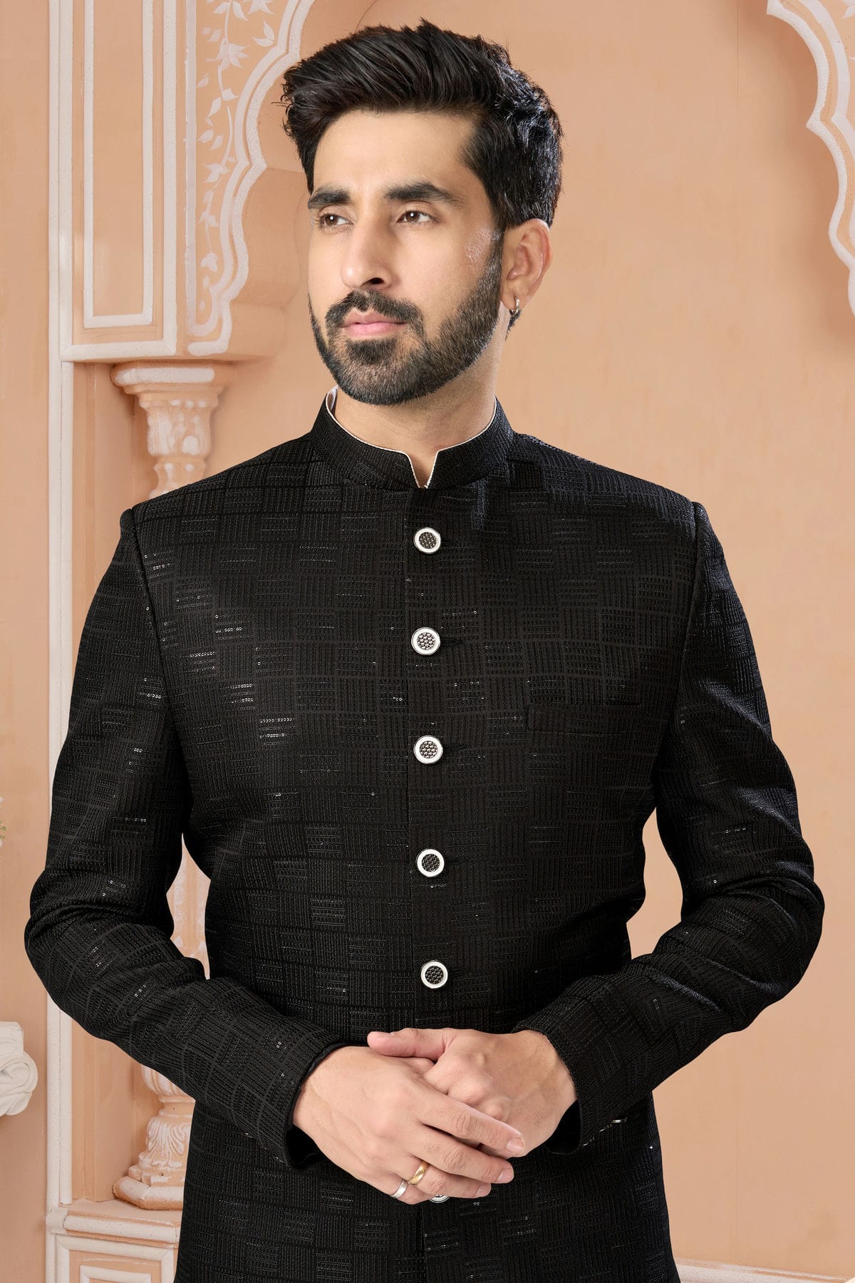 Black Colour Jacquard Sherwani VSSH1040564