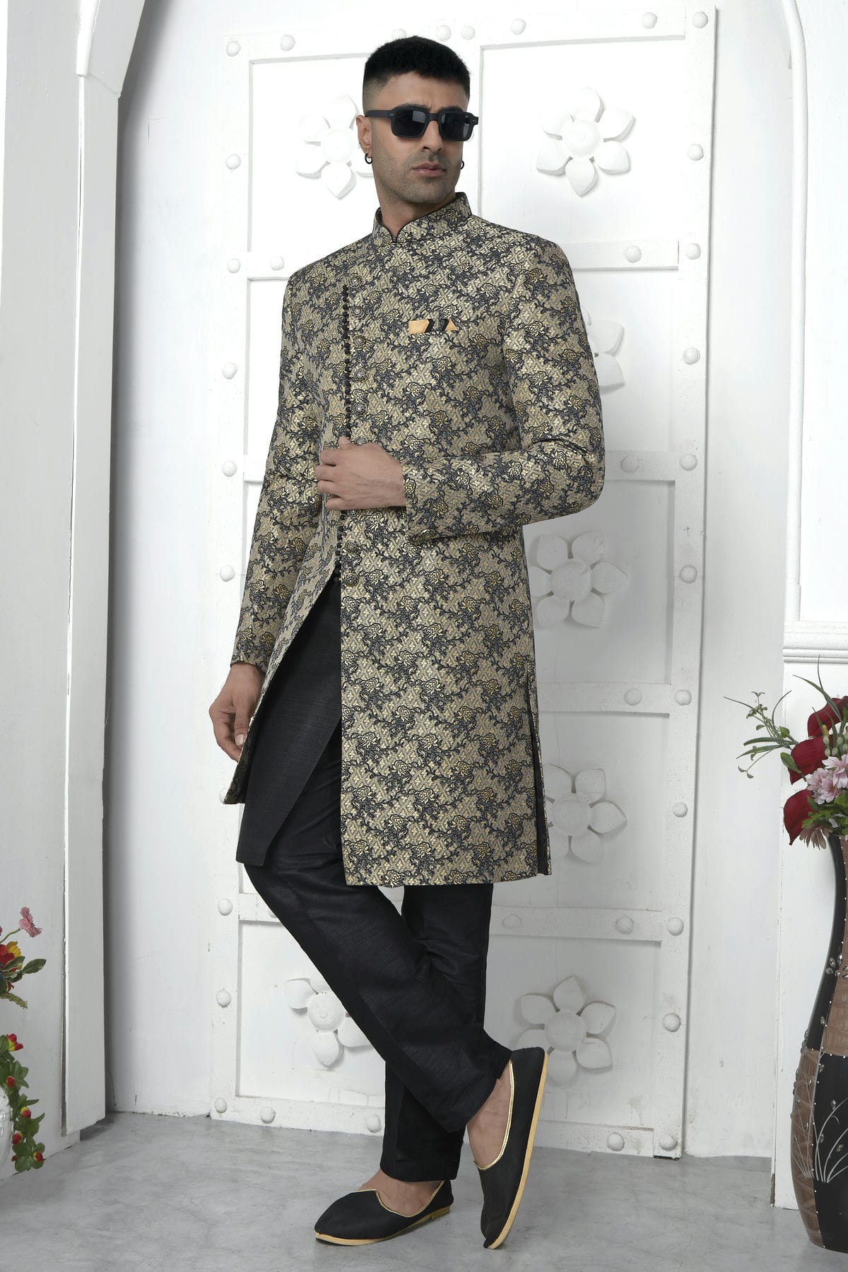 Black Colour Jacquard Silk Indowestern Sherwani With Aligadhi Pant VSSH1230040