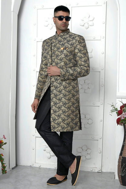 Black Colour Jacquard Silk Indowestern Sherwani With Aligadhi Pant VSSH1230040