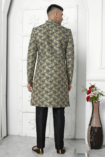 Black Colour Jacquard Silk Indowestern Sherwani With Aligadhi Pant VSSH1230040