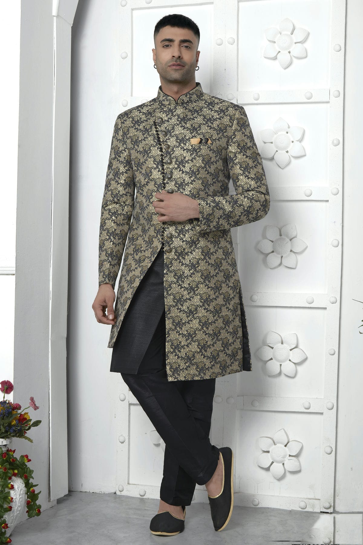 Black Colour Jacquard Silk Indowestern Sherwani With Aligadhi Pant