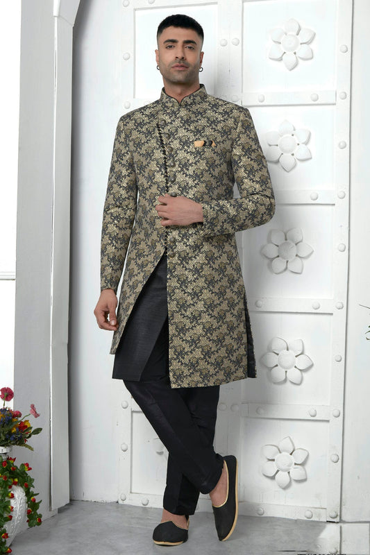 Black Colour Jacquard Silk Indowestern Sherwani With Aligadhi Pant