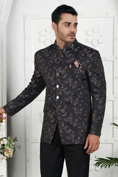 Black Colour Jacquard Silk Jodhpuri Jacket VSJP1230116