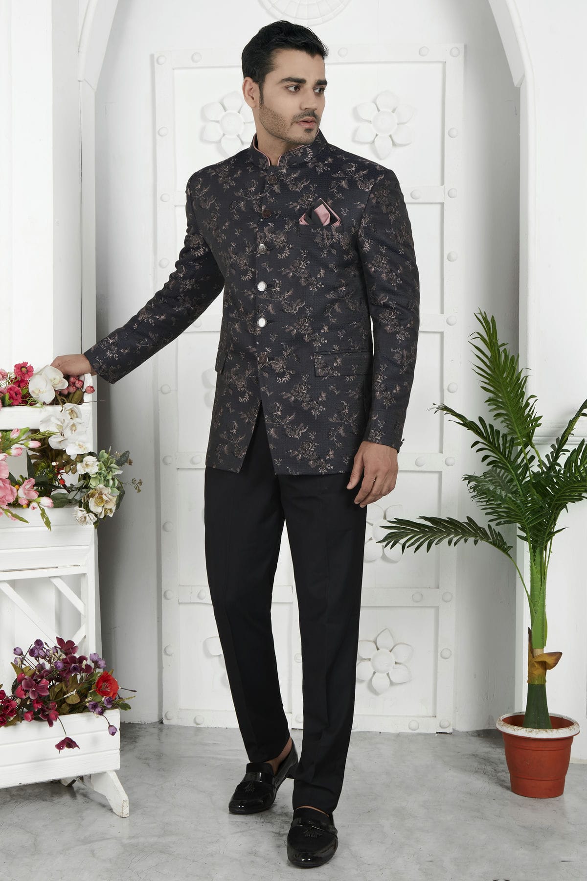 Black Colour Jacquard Silk Jodhpuri Jacket