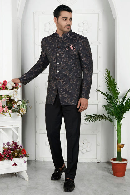 Black Colour Jacquard Silk Jodhpuri Jacket
