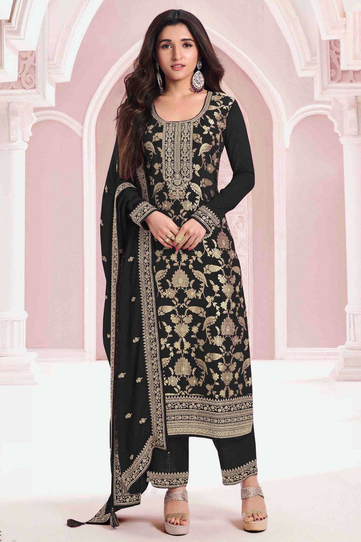 Black Colour Jacquard Viscose Pant Style Suit VSSM1140911