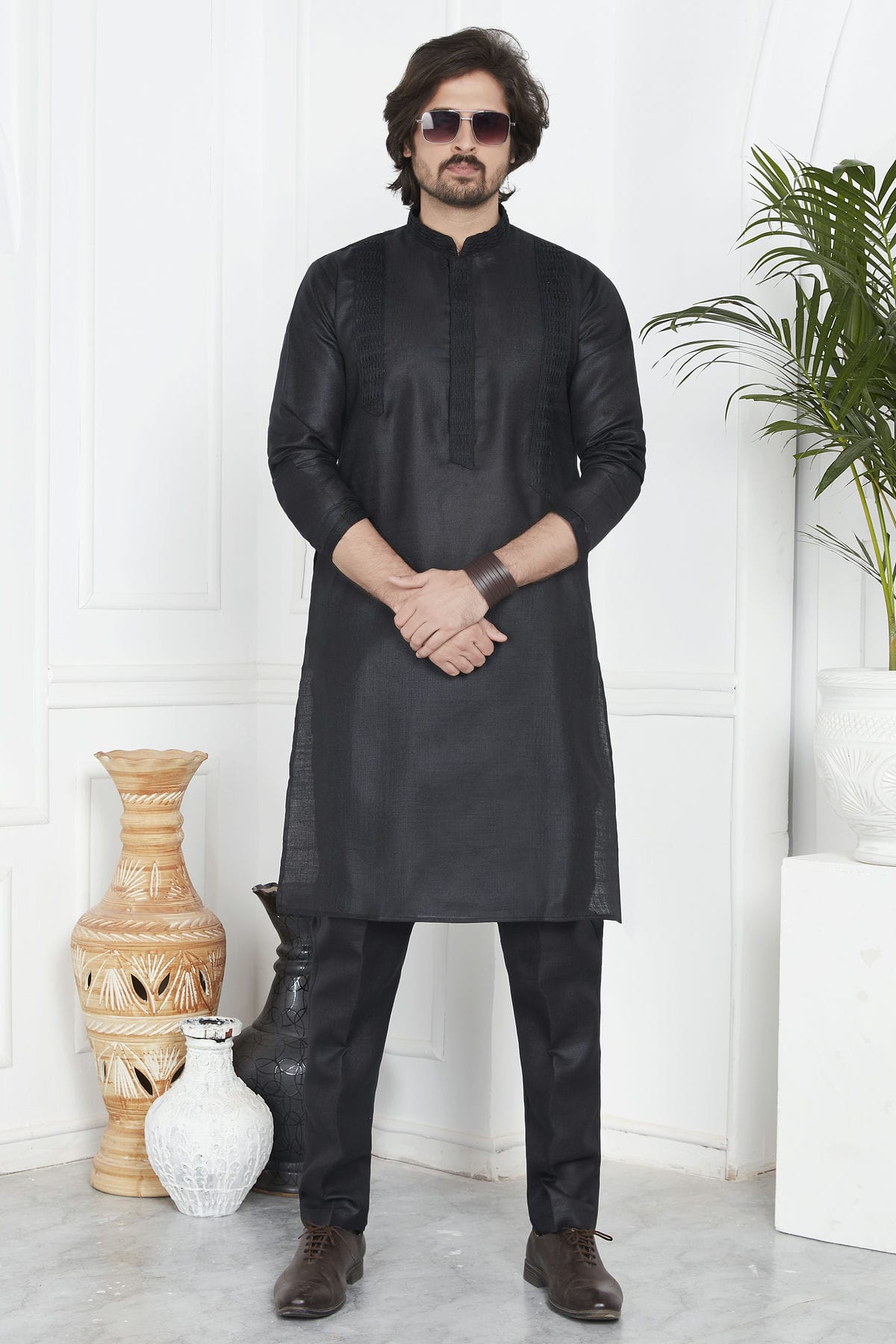 Black Colour Linen Cotton Pintex Work Kurta Pajama VSKP1230126