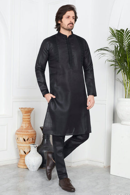 Black Colour Linen Cotton Pintex Work Kurta Pajama