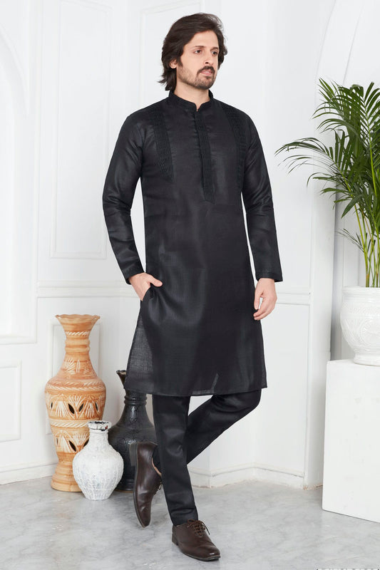 Black Colour Linen Cotton Pintex Work Kurta Pajama
