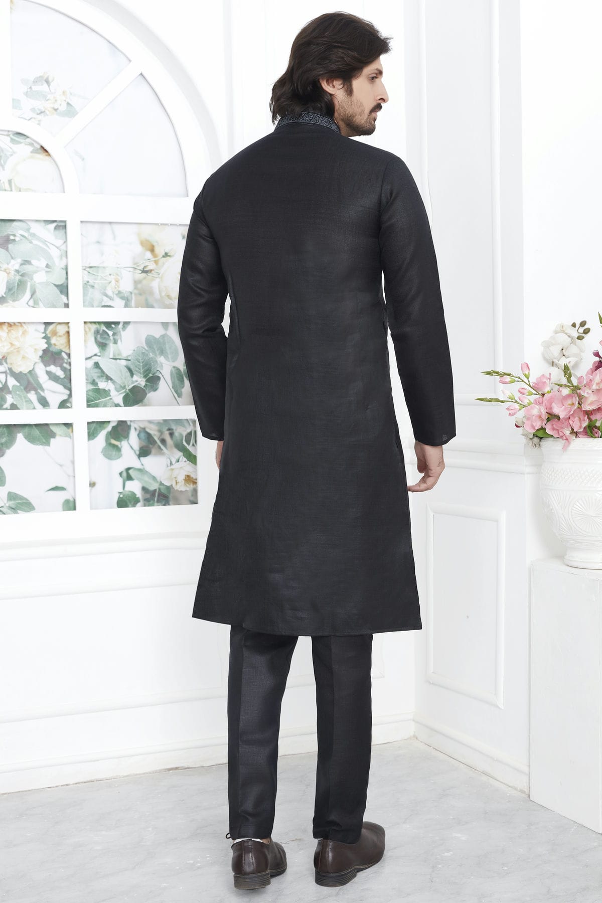 Black Colour Linen Cotton Thread Work Kurta Pajama VSKP1230140