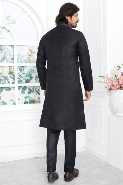 Black Colour Linen Cotton Thread Work Kurta Pajama VSKP1230140