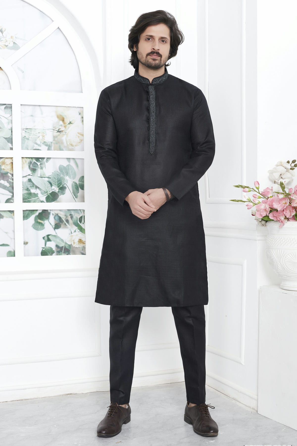 Black Colour Linen Cotton Thread Work Kurta Pajama