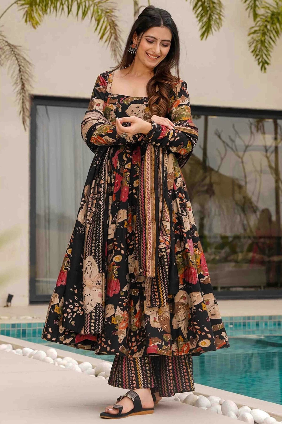 Black Colour Mal Cotton Stitched Anarkali Suit VSSS1113920