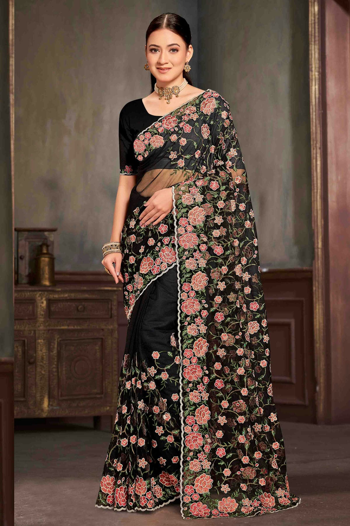Black Colour Net Embroidery Work Designer Saree VSSD1091231