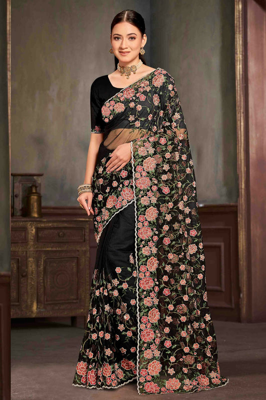 Black Colour Net Embroidery Work Designer Saree VSSD1091231