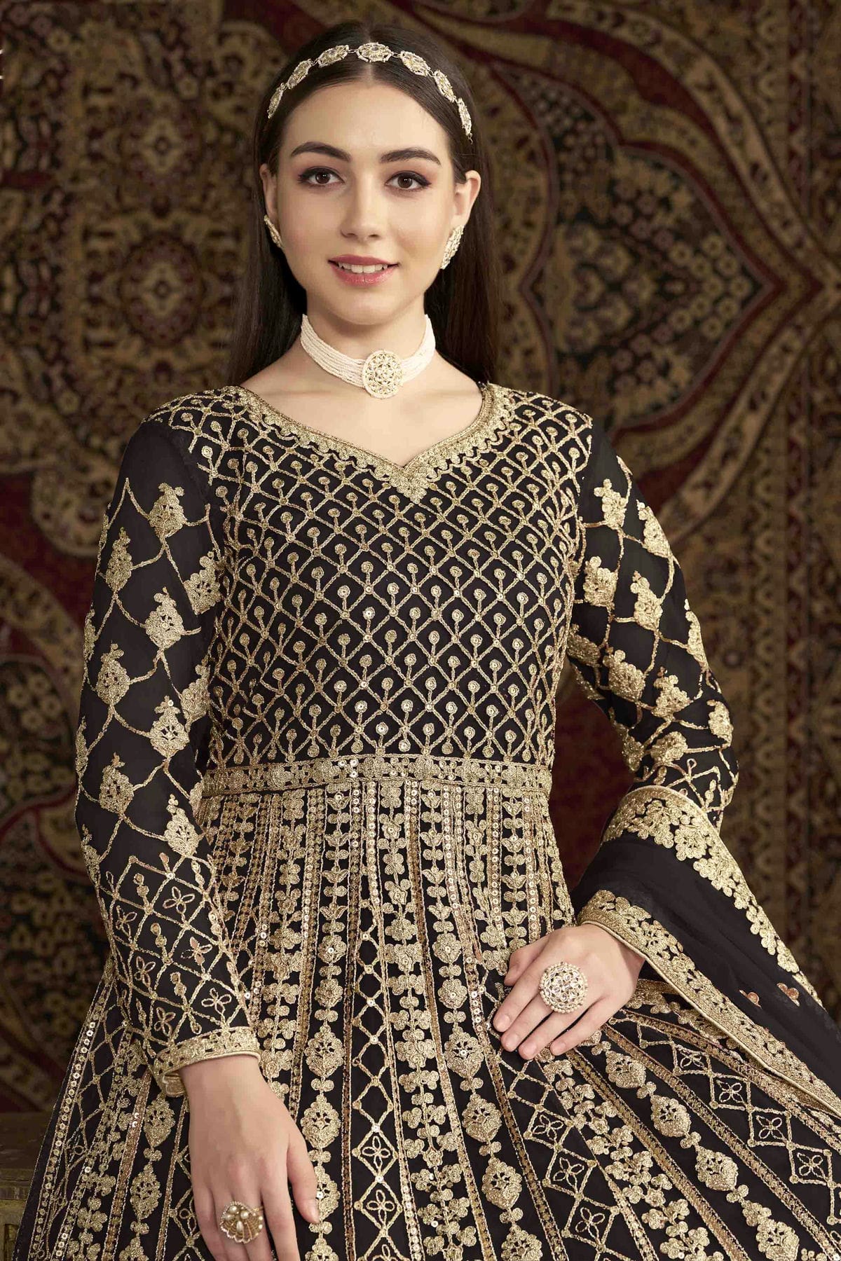 Black Colour Net Semi Stitched Anarkali Suit VSSM1050695