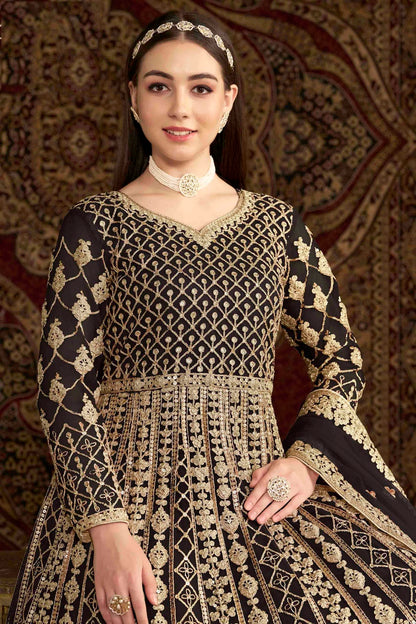 Black Colour Net Semi Stitched Anarkali Suit VSSM1050695