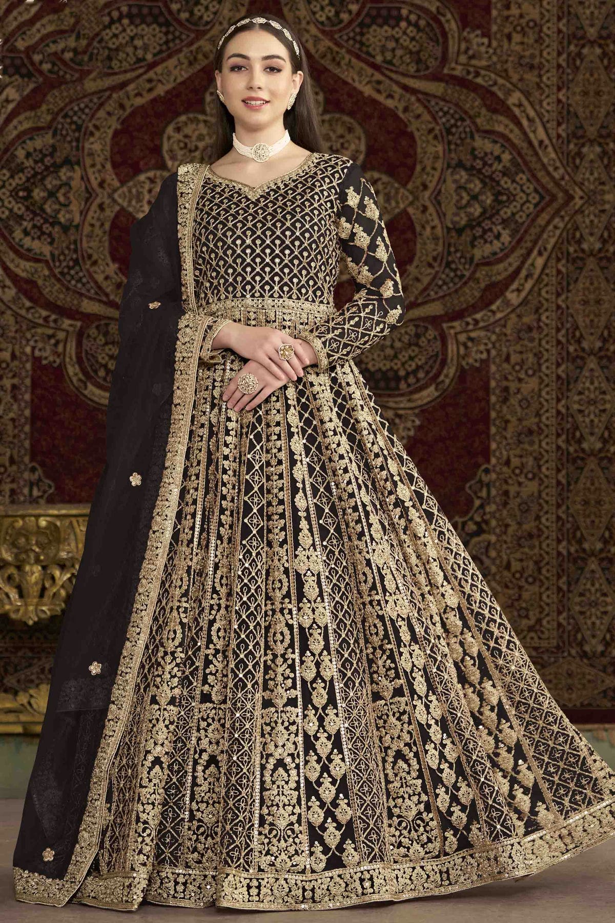 Black Colour Net Semi Stitched Anarkali Suit VSSM1050695