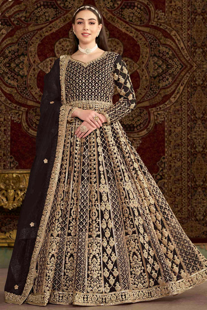 Black Colour Net Semi Stitched Anarkali Suit VSSM1050695