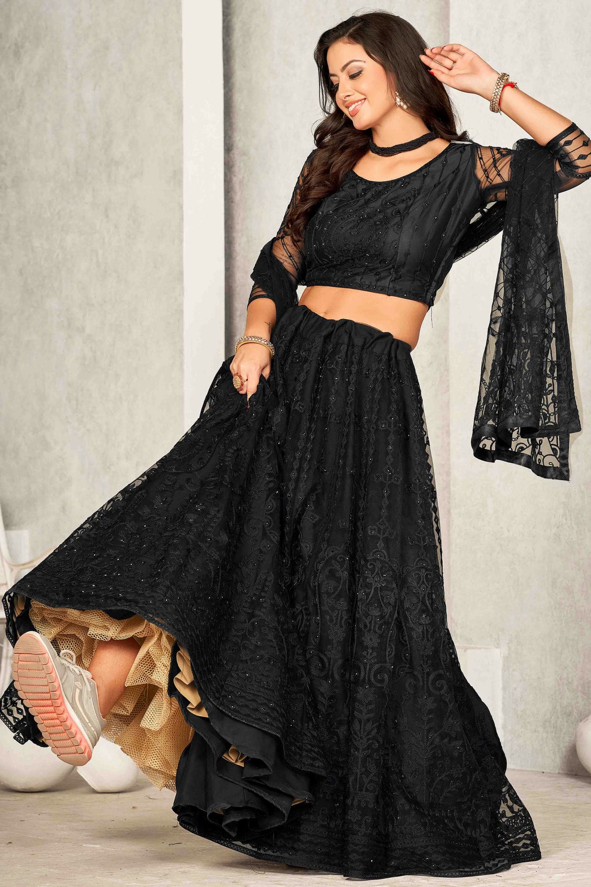 Black Colour Net Semi Stitched Lehenga Choli VSLC1170065