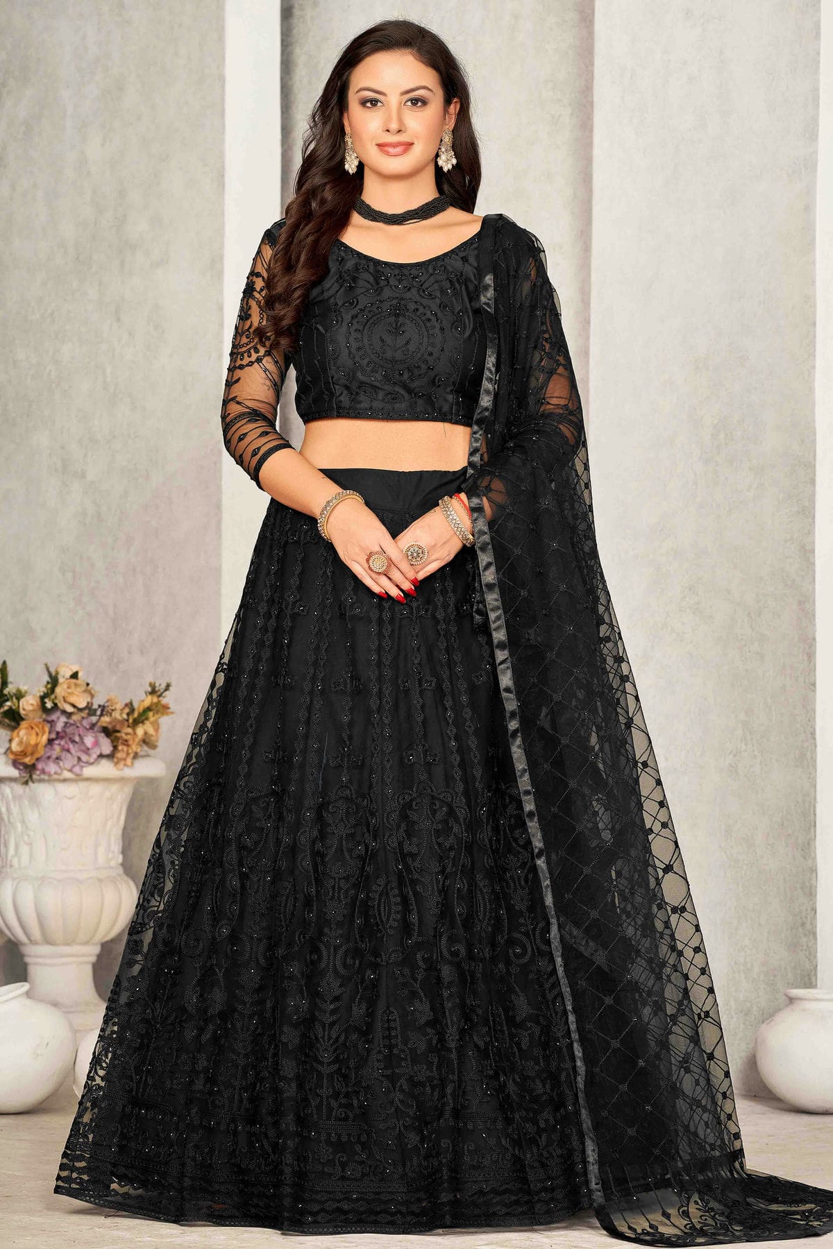 Black Colour Net Semi Stitched Lehenga Choli VSLC1170065