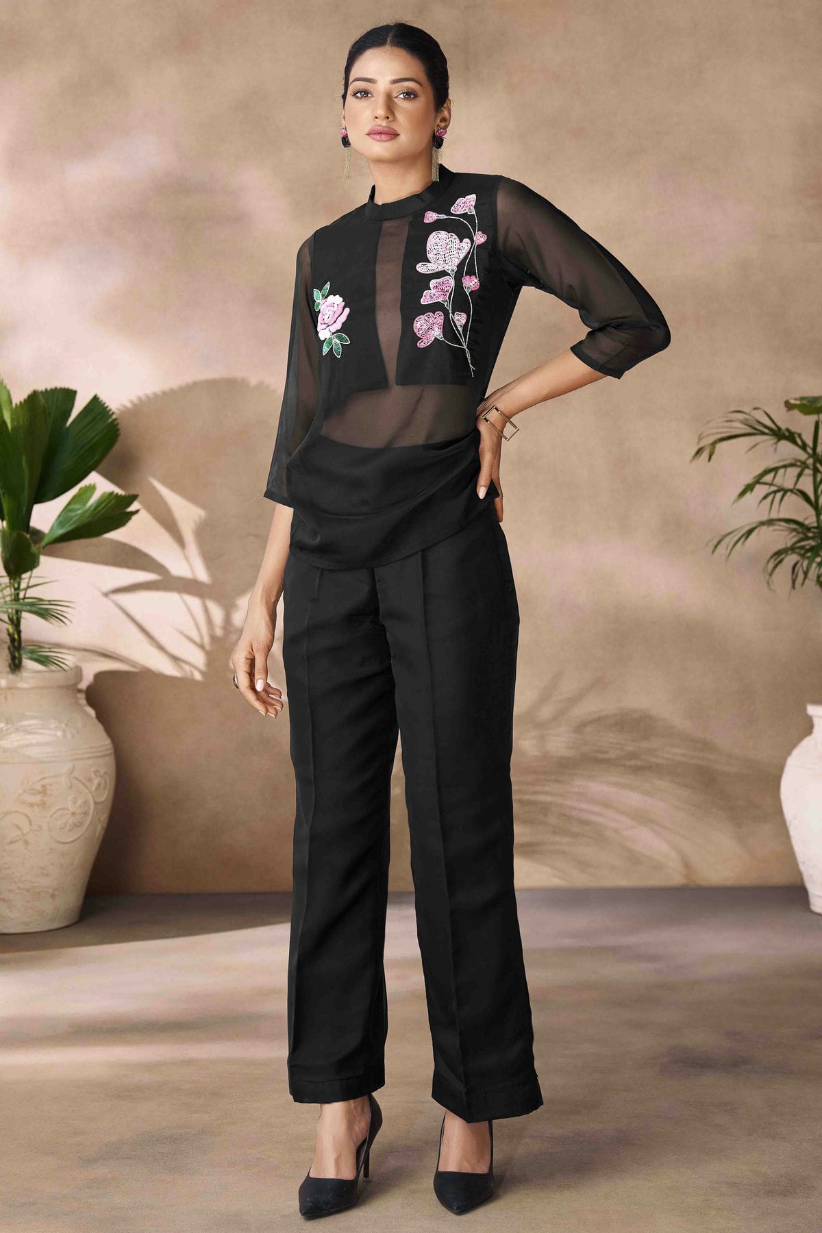 Black Colour Organza Co-Ord Set VSTP1080956