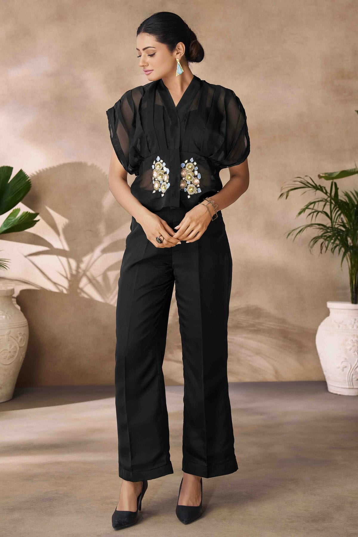 Black Colour Organza Co-Ord Set VSTP1080957