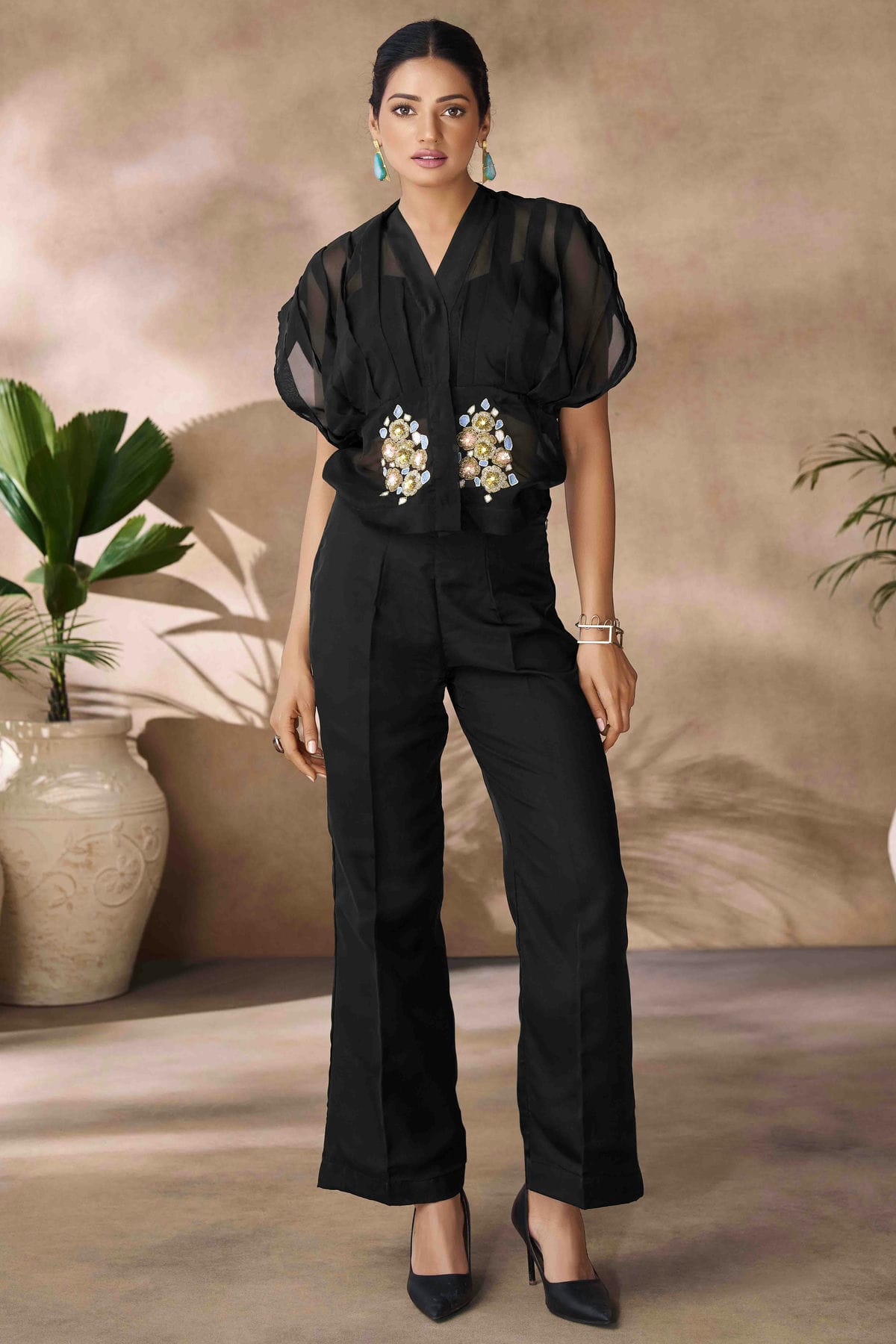 Black Colour Organza Co-Ord Set VSTP1080957