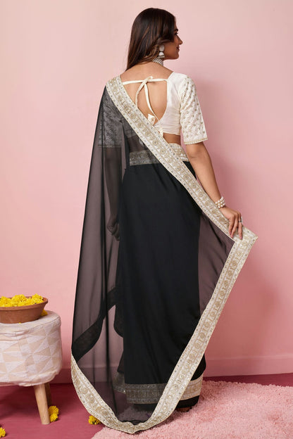 Black Colour Organza Designer Saree