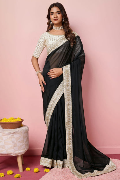 Black Colour Organza Designer Saree