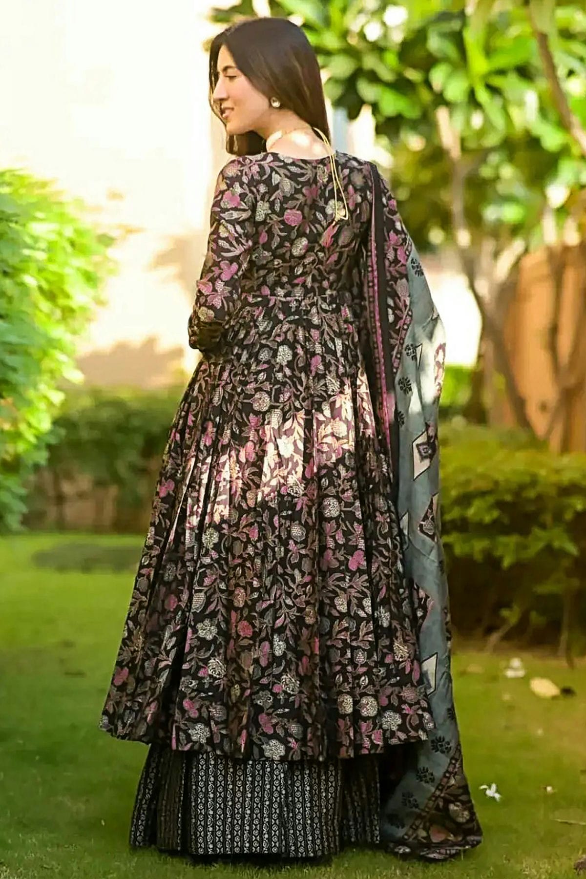 Black Colour Printed Muslin Stitched Suit