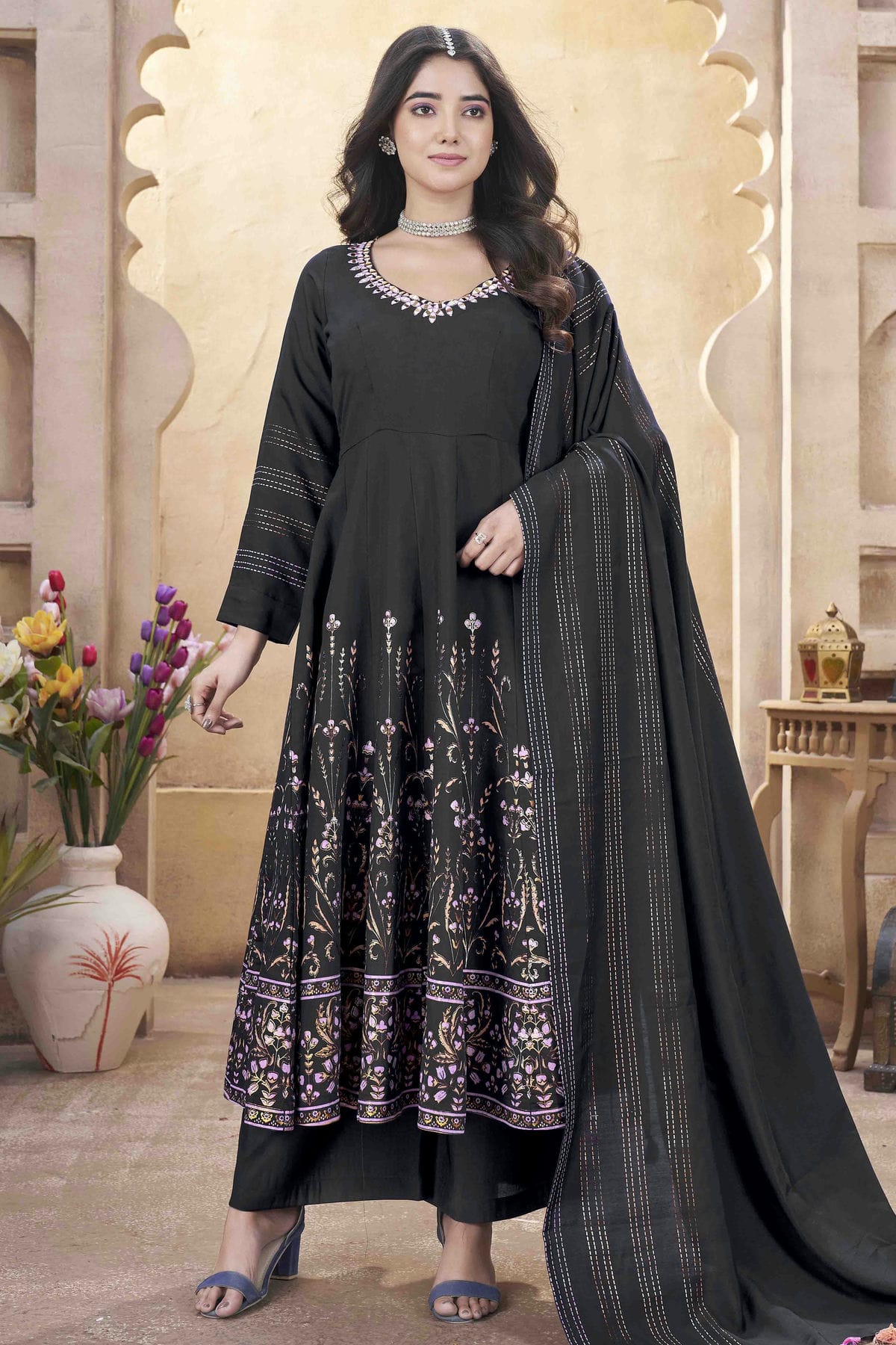 Black Colour Roman Silk Stitched Suit VSSS1112894