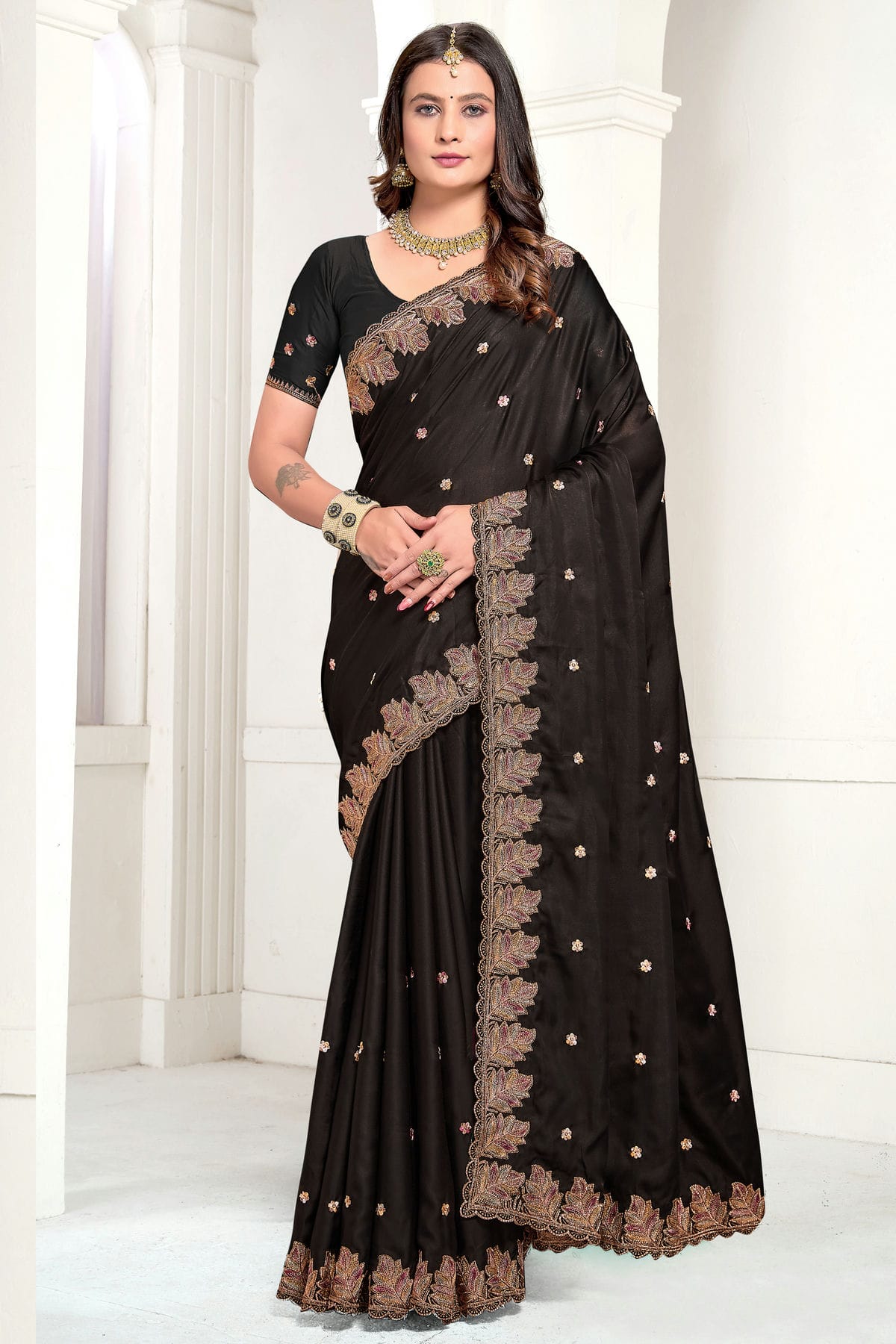 Black Colour Satin Designer Saree
