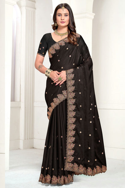 Black Colour Satin Designer Saree